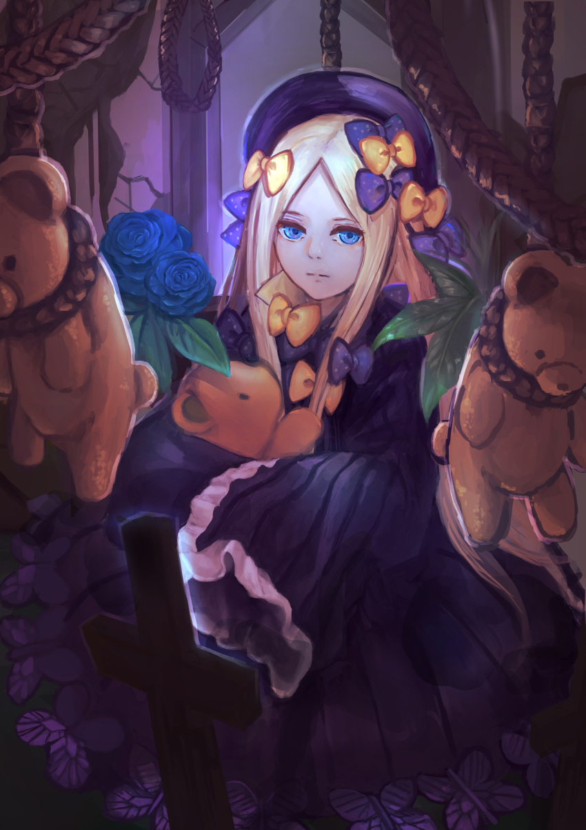 1girl abigail_williams_(fate/grand_order) absurdres bangs black_dress black_hat blonde_hair blue_eyes blue_rose bow butterfly closed_mouth commentary_request cross dress ei_(winnie5111) fate/grand_order fate_(series) flower hair_bow hands_in_sleeves hanged hat highres leaf long_sleeves looking_at_viewer noose object_hug orange_bow parted_bangs polka_dot polka_dot_bow purple_bow rope rose solo stuffed_animal stuffed_toy teddy_bear