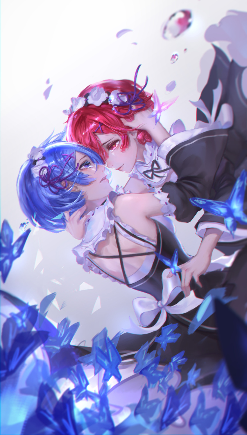 2girls absurdres alov bare_back bare_shoulders blue_eyes blue_hair detached_sleeves dutch_angle hair_ornament hand_in_another's_hair highres maid multiple_girls petals ram_(re:zero) re:zero_kara_hajimeru_isekai_seikatsu red_eyes redhead rem_(re:zero) short_hair white_background wide_sleeves x_hair_ornament yuri