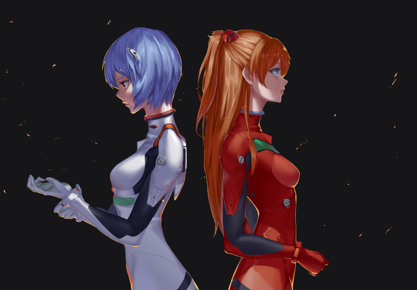 2girls ayanami_rei bangs black_background blue_eyes blue_hair bodysuit breasts clenched_teeth headgear highres long_hair looking_afar multiple_girls neon_genesis_evangelion orange_hair parted_lips plugsuit red_bodysuit red_eyes shiny shiny_hair short_hair simple_background skin_tight small_breasts souryuu_asuka_langley takamitsu-kun teeth two_side_up upper_body white_bodysuit