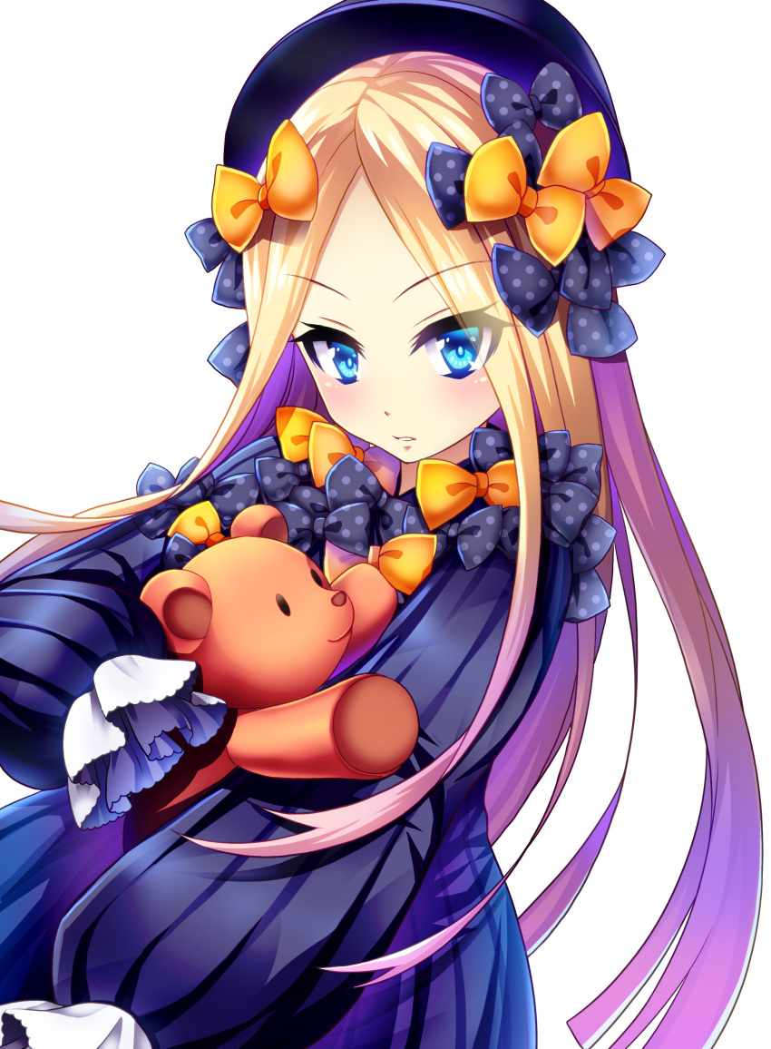 1girl abigail_williams_(fate/grand_order) absurdres bangs black_bow black_dress black_hat blonde_hair blue_eyes blush bow dress edamame_senpai fate/grand_order fate_(series) forehead hair_bow hands_in_sleeves hat highres long_hair long_sleeves looking_at_viewer object_hug orange_bow parted_bangs parted_lips polka_dot polka_dot_bow simple_background solo stuffed_animal stuffed_toy teddy_bear v-shaped_eyebrows very_long_hair white_background