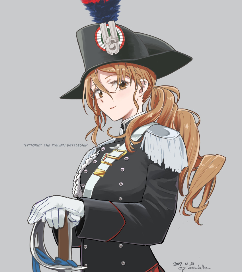 1girl absurdres aiguillette alternate_costume breasts brown_eyes brown_hair buckle carabinieri character_name commentary epaulettes fringe grey_background hair_between_eyes hands_on_hilt hat highres kantai_collection littorio_(kantai_collection) long_hair long_sleeves looking_at_viewer military military_hat military_uniform mitsusaka_mitsumi peaked_cap ponytail sidelocks smile solo strap sword uniform wavy_hair weapon
