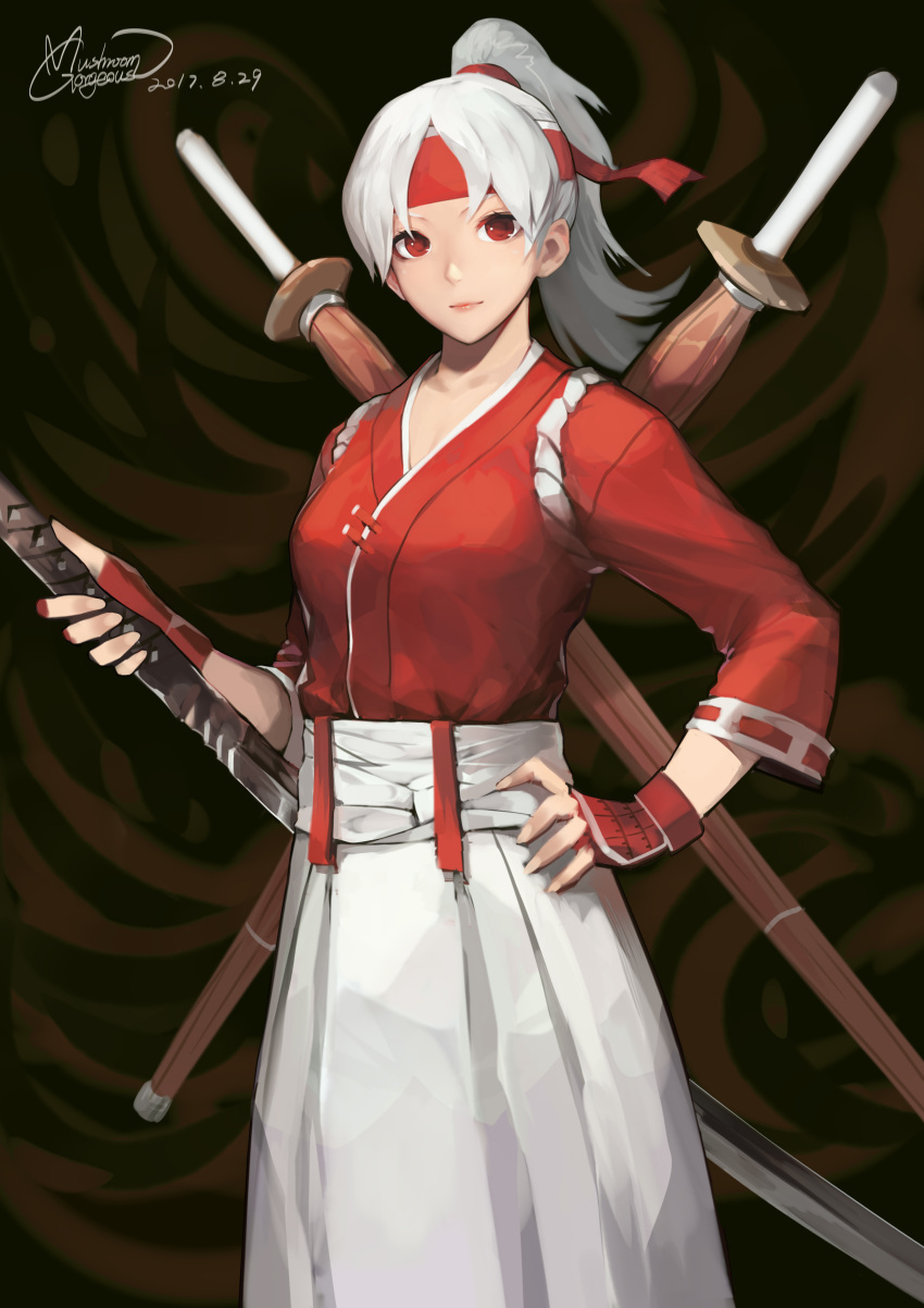 1girl absurdres closed_mouth cowboy_shot crusaders_quest dated fingerless_gloves gloves gorgeous_mushroom hakama headband highres holding holding_sword holding_weapon japanese_clothes katana light_smile long_hair long_sleeves looking_at_viewer official_art ponytail red_eyes red_gloves signature silver_hair solo standing sword weapon