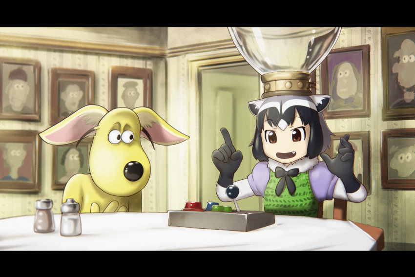 1girl aardman alternate_universe animal_ears black_hair brown_hair commentary_request common_raccoon_(kemono_friends) controller fang fennec_(kemono_friends) fox_ears frame fusion grey_hair gromit kemono_friends lamp letterboxed multicolored_hair open_mouth parody pepper_shaker raccoon_ears salt_shaker smile table ueyama_michirou wallace_and_gromit wallace_and_gromit_(cosplay)