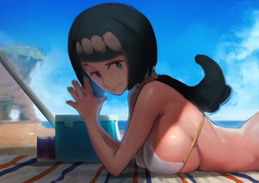 1girl absurdres bangs beach bikini_top blue_eyes blue_hair blue_sky breasts bright_pupils closed_mouth day fenris fingers_together from_side highres horizon large_breasts long_hair looking_at_viewer low_ponytail lying on_stomach outdoors own_hands_together pokemon pokemon_(game) pokemon_sm shade sideboob sky smile solo suiren's_mother_(pokemon) swept_bangs white_bikini_top white_pupils