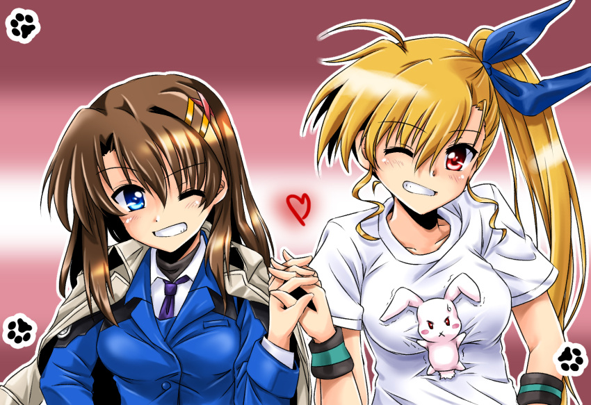 2girls asymmetrical_bangs bangs black_shirt blue_eyes blue_jacket blue_ribbon blush_stickers collared_shirt dasuto dress_shirt eyebrows_visible_through_hair grin hair_ornament hair_ribbon hairclip hand_holding heart heterochromia highres interlocked_fingers jacket jacket_on_shoulders long_hair looking_at_viewer lyrical_nanoha multiple_girls necktie one_eye_closed paw_print purple_background purple_neckwear rabbit red_eyes ribbon sacred_heart shirt side-by-side side_ponytail smile sweatdrop t-shirt trembling tsab_naval_military_uniform upper_body vivio white_coat white_shirt wristband x_hair_ornament yagami_hayate yuri