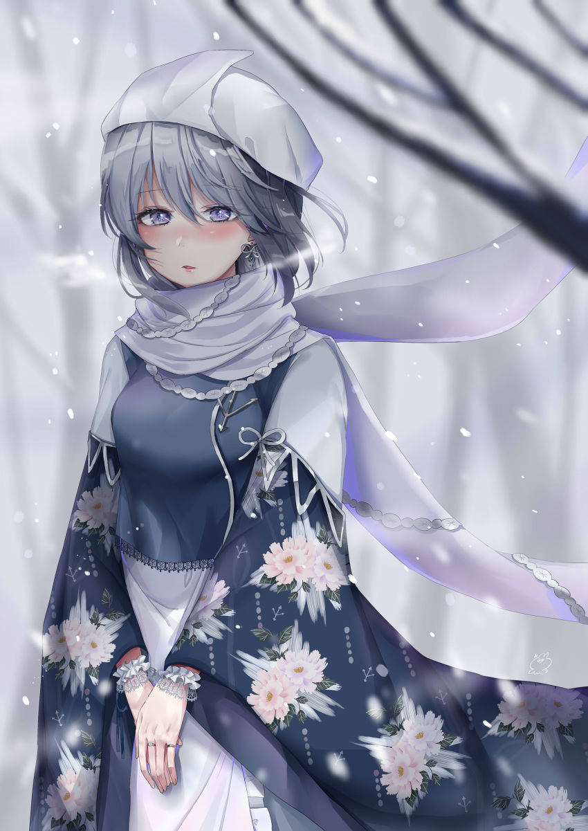 1girl absurdres blue_eyes grey_hair hat highres letty_whiterock long_sleeves looking_at_viewer scarf sei_ichi_(shiratamamikan) short_hair solo touhou v_arms white_scarf wide_sleeves