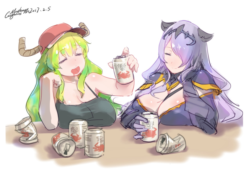 2girls :d absurdres bangs bare_arms bare_shoulders beer_can blonde_hair breast_rest breasts camilla_(fire_emblem_if) camisole can cleavage closed_eyes closed_mouth commentary_request dated dragon_girl drooling drunk eyebrows_visible_through_hair facing_viewer fire_emblem fire_emblem_if gauntlets gorgeous_mushroom green_hair hair_over_one_eye headpiece highres horns huge_breasts kobayashi-san_chi_no_maidragon large_breasts long_hair multicolored_hair multiple_girls open_mouth purple_hair quetzalcoatl_(maidragon) signature sitting sketch smile table