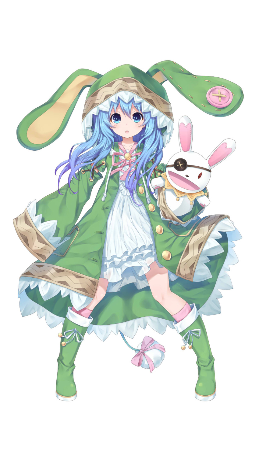 1girl absurdres animal_ears animal_hood blue_eyes blue_hair bunny_hood curly_hair date_a_live dress highres hood long_hair looking_at_viewer neps-l simple_background solo stuffed_animal stuffed_bunny stuffed_toy white_background white_dress yoshino_(date_a_live) yoshinon
