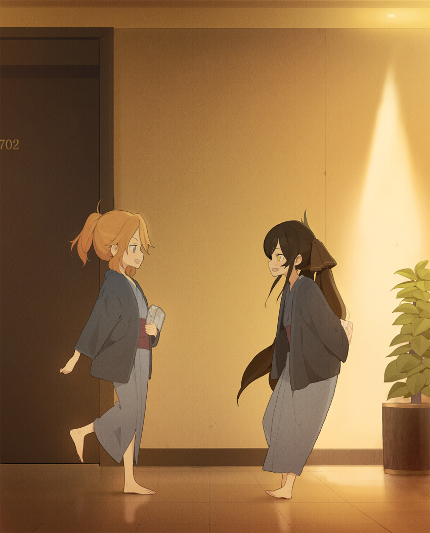 2girls :d barefoot black_hair blonde_hair child commentary_request door doremi green_eyes grey_kimono highres holding idolmaster idolmaster_cinderella_girls indoors jacket japanese_clothes kimono long_hair long_sleeves matoba_risa multiple_girls obi open_mouth plant potted_plant sash smile standing standing_on_one_leg very_long_hair walking yellow_eyes younger yuuki_haru