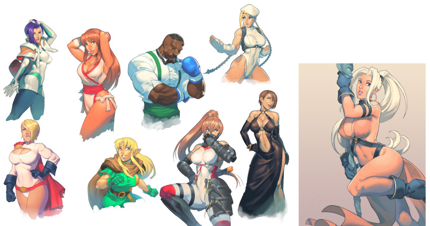 1boy 6+girls absurdres adjusting_hair alternate_color antenna_hair belt beret black_dress black_gloves blonde_hair blue_eyes boxing_gloves braid breasts cammy_white cape character_request chuck_pires cleavage cleavage_cutout collage dark_skin dc_comics dead_or_alive dress dudley dungeons_&amp;_dragons:_shadow_over_mystara dungeons_and_dragons elbow_gloves elf facial_hair fighting_stance gloves green_gloves hair_over_one_eye hat highres kasumi_(doa) large_breasts leotard long_hair lucia_(d&amp;d) miang_hawwa multiple_girls mustache navel navel_cutout panties plunging_neckline pointy_ears ponytail power_girl short_hair side-tie_panties skin_tight street_fighter street_fighter_iii_(series) superhero tan taut_clothes tunic twin_braids underwear very_dark_skin white_hair xenogears
