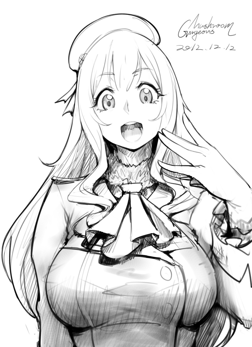 1girl :d absurdres atago_(kantai_collection) beret breasts commentary_request cravat dated eyebrows_visible_through_hair gorgeous_mushroom greyscale hand_up hat highres kantai_collection large_breasts long_hair long_sleeves looking_at_viewer military military_jacket military_uniform monochrome open_mouth signature smile solo uniform