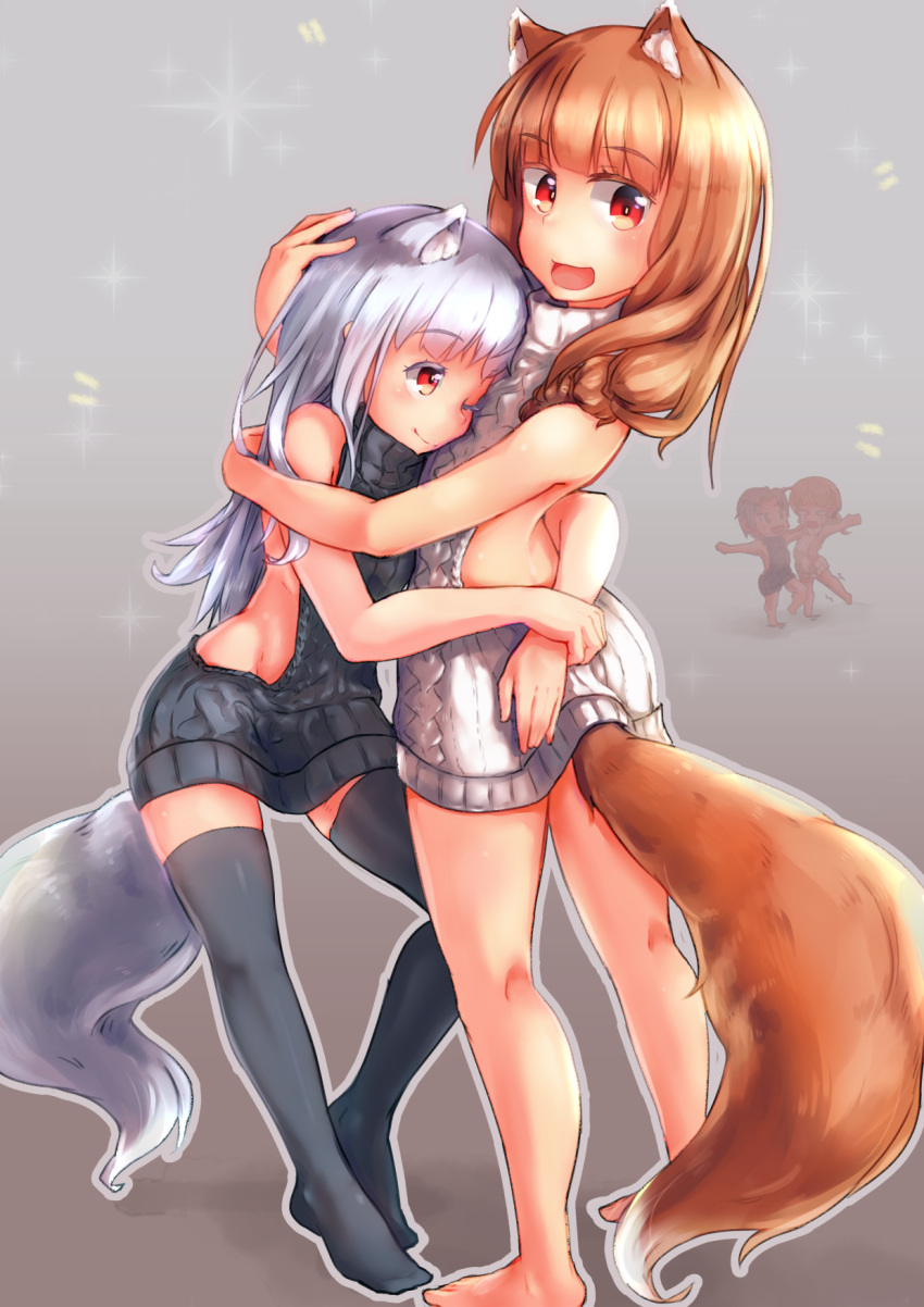 4girls animal_ears backless_outfit bare_back barefoot black_legwear black_row black_sweater braid brown_eyes brown_hair dress highres holo hug kneepits legs long_hair meme_attire mother_and_daughter multiple_girls myuri_(spice_and_wolf) naked_sweater one_eye_closed open-back_dress open_mouth shinsetsu_spice_and_wolf smile spice_and_wolf sweater sweater_dress tail thigh-highs turtleneck turtleneck_sweater virgin_killer_sweater white_sweater wolf_ears wolf_tail zettai_ryouiki