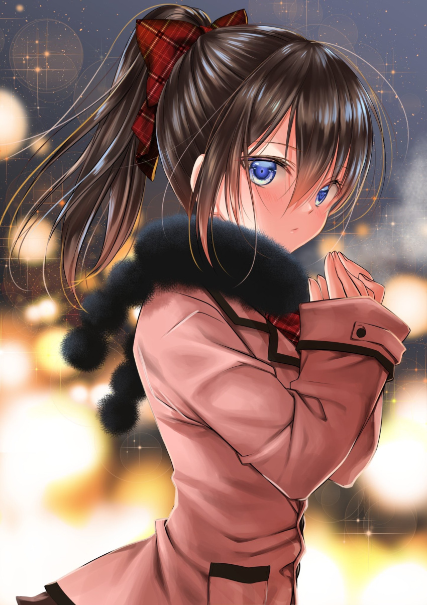1girl bangs black_scarf blue_eyes blurry blurry_background bokeh bow brown_hair closed_mouth commentary_request depth_of_field expressionless eyebrows_visible_through_hair fingernails floating_hair from_side hair_between_eyes hair_bow hands_up highres jacket long_hair long_sleeves looking_at_viewer looking_to_the_side original pink_jacket plaid plaid_bow plaid_neckwear pocket ponytail red_neckwear scarf shiny shiny_hair sidelocks solo sparkle yuitanpo