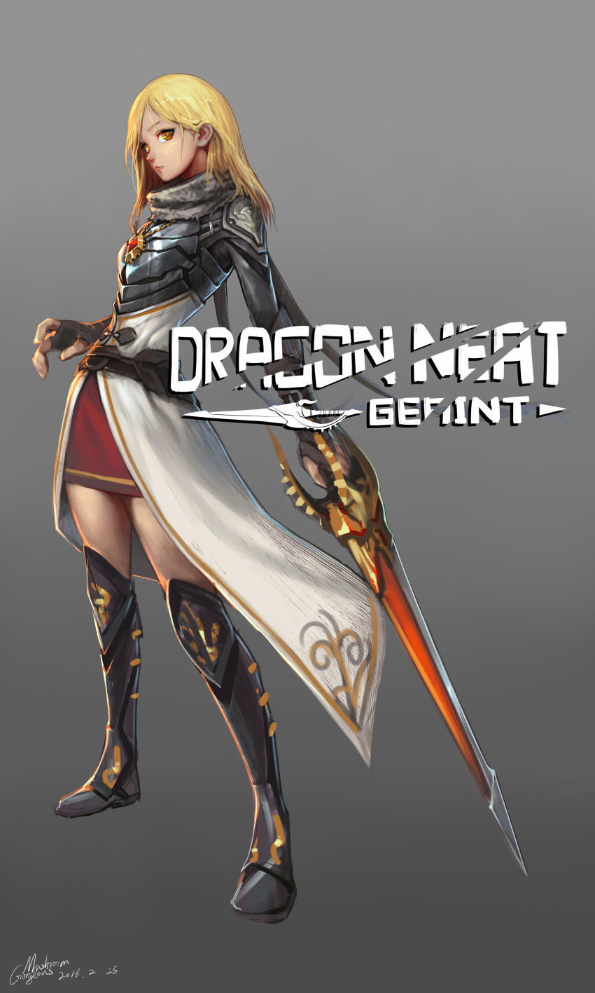 1girl absurdres armor black_gloves blonde_hair boots breastplate character_name copyright_name dated dragon_nest fingerless_gloves full_body geraint gloves gorgeous_mushroom greaves grey_background grey_scarf highres holding holding_sword holding_weapon jewelry knee_boots long_hair looking_at_viewer necklace red_eyes red_skirt sash signature simple_background skirt solo sword typo weapon