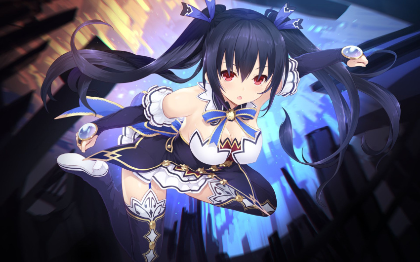 1girl bare_shoulders black_hair black_legwear blue_ribbon boots breasts cait choker cleavage detached_collar detached_sleeves frills full_body garter_straps hair_ribbon highres long_hair looking_at_viewer medium_breasts neptune_(series) noire open_mouth red_eyes ribbon ribbon_choker skirt solo thigh-highs thigh_boots twintails white_skirt
