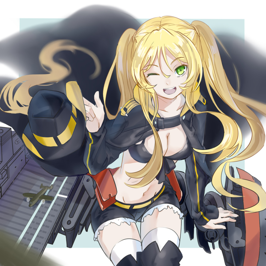 1girl ;d aircraft airplane azur_lane bangs bikini_top black_bikini_top black_cape black_hat black_ribbon black_shorts blonde_hair breasts cape cleavage collarbone cowboy_hat cutoffs eyebrows eyebrows_visible_through_hair flight_deck front-tie_bikini front-tie_top green_eyes hair_between_eyes hat hat_removed headwear_removed highres holding holding_hat hornet_(azur_lane) index_finger_raised long_hair long_sleeves machinery medium_breasts one_eye_closed open_mouth palms ribbon shorts sleeves_past_wrists smile solo teeth thigh_gap tongue twintails
