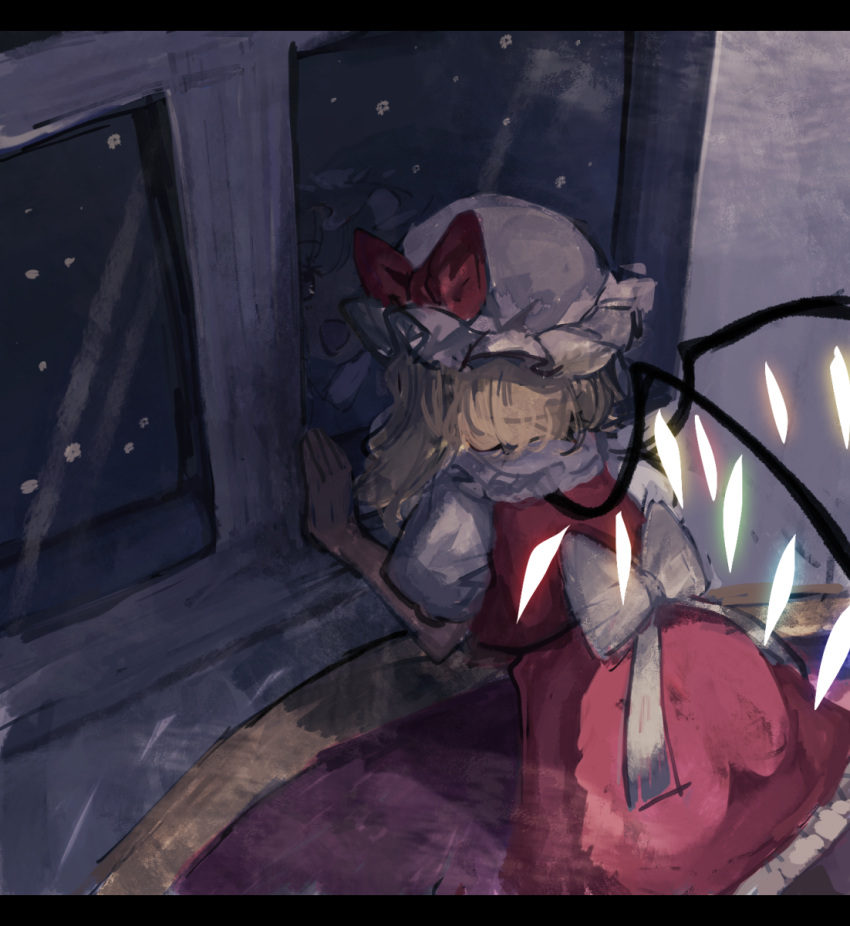 1girl :d artist_name blonde_hair bow commentary_request crystal dated flandre_scarlet from_behind hands_on_window hat hat_ribbon highres indoors looking_out_window mob_cap mochacot open_mouth puffy_short_sleeves puffy_sleeves red_skirt red_vest reflection ribbon short_hair short_sleeves skirt smile snow solo touhou vest window wings