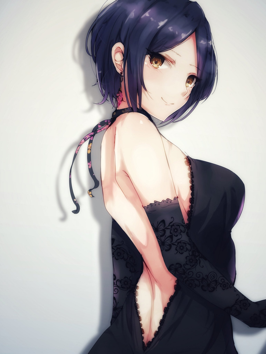 1girl back bangs bare_shoulders black_dress black_gloves blue_hair breasts commentary_request dress earrings elbow_gloves floral_print gloves grey_background hayami_kanade highres idolmaster idolmaster_cinderella_girls jewelry looking_at_viewer looking_to_the_side medium_breasts open-back_dress parted_bangs ryuu. shadow short_hair simple_background smile solo yellow_eyes