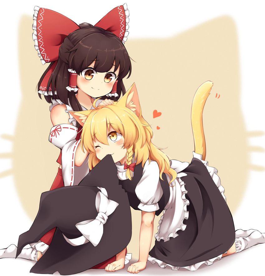 2girls ;) absurdres all_fours animal_ears blonde_hair blush bow brown_eyes brown_hair cat_ears cat_tail chocolate_hair commentary detached_sleeves eyebrows hair_bow hair_tubes hakurei_reimu heart highres kemonomimi_mode kirisame_marisa long_hair lovestruck medium_hair mouth_hold multiple_girls one_eye_closed pet_play petting puffy_short_sleeves puffy_sleeves revision riza_dxun short_sleeves sitting skirt skirt_set smile socks tail touhou vest wariza wavy_hair yellow_eyes yuri