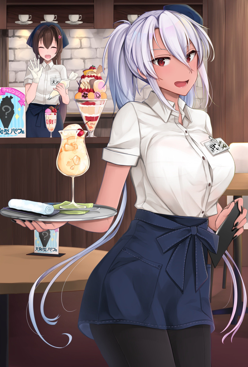 1girl 2girls absurdres alternate_costume apron bandanna bangs black_nails blonde_hair blush breasts brown_hair buttons cafe character_name closed_eyes cup dark_skin flower food glasses gloves hair_between_eyes hair_flower hair_ornament highres holding holding_notepad holding_tray indoors kantai_collection large_breasts long_hair looking_at_viewer multiple_girls musashi_(kantai_collection) nail_polish name_tag notepad open_mouth pants parfait ponytail red_eyes shirt short_sleeves sidelocks smile translated tray twintails two_side_up very_long_hair waitress waving wet_towel white_gloves white_shirt yamato_(kantai_collection) yunamaro