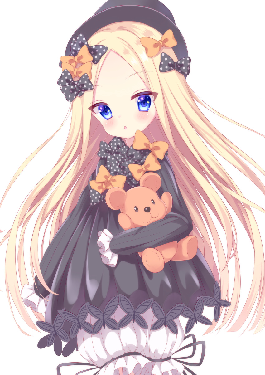 1girl :o abigail_williams_(fate/grand_order) absurdres bangs black_bow black_dress black_hat blonde_hair bloomers blue_eyes blush bow butterfly commentary_request dress eyebrows_visible_through_hair fate/grand_order fate_(series) hair_bow hakuto_momiji hands_in_sleeves hat head_tilt highres long_hair long_sleeves looking_at_viewer object_hug orange_bow parted_bangs parted_lips polka_dot polka_dot_bow simple_background solo star_in_eye stuffed_animal stuffed_toy teddy_bear underwear very_long_hair white_background white_bloomers