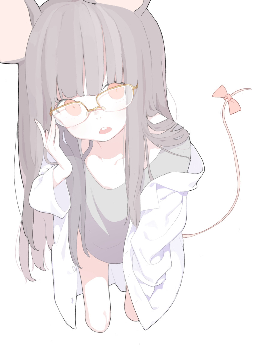 1girl absurdres adjusting_eyewear animal_ears bangs blunt_bangs bow camisole cowboy_shot cropped_legs doremi fingernails grey_hair hand_in_pocket hand_up highres labcoat leaning_forward long_hair long_sleeves looking_at_viewer mouse_ears mouse_tail open_mouth original over-rim_eyewear red_bow red_eyes simple_background solo tail tail_bow upper_teeth white_background yellow-framed_eyewear