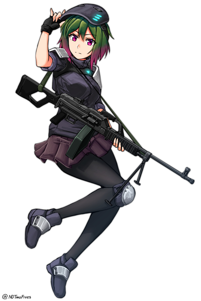 1girl black_footwear black_legwear brown_skirt fingerless_gloves full_body girls_frontline gloves gradient_hair green_hair gun hand_up highres knee_pads looking_at_viewer multicolored_hair ndtwofives pink_eyes pink_hair qjy-88 short_hair skirt solo twitter_username two-tone_hair visor_lift weapon