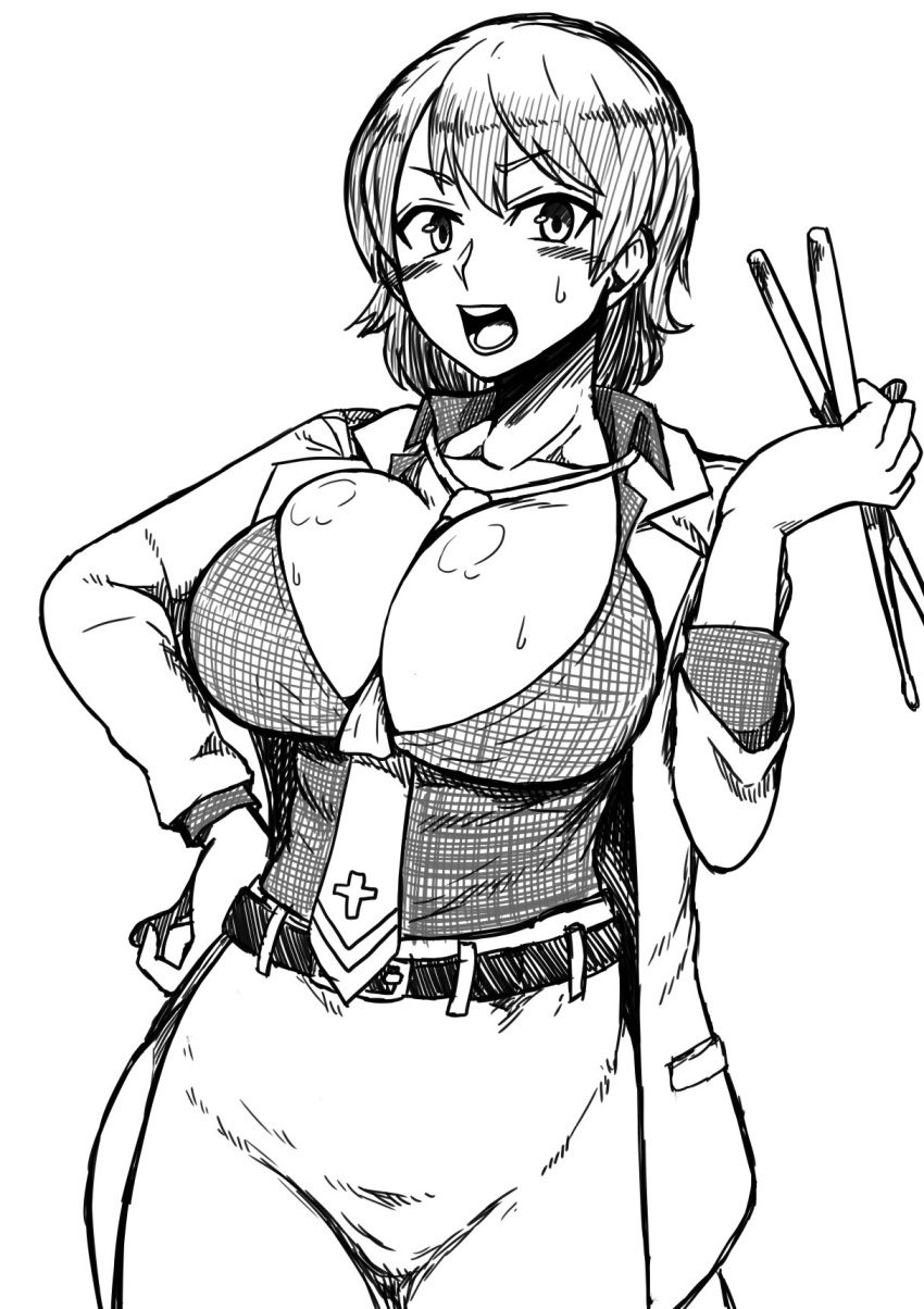 1girl bangs belt between_breasts blush breasts bursting_breasts cleavage collared_shirt commentary_request cowboy_shot drumsticks eyebrows_visible_through_hair greyscale hand_on_hip highres himajin_no_izu holding horikawa_raiko jacket large_breasts long_sleeves looking_at_viewer monochrome necktie necktie_between_breasts open_clothes open_jacket open_mouth shirt short_hair simple_background skirt solo sweat touhou white_background