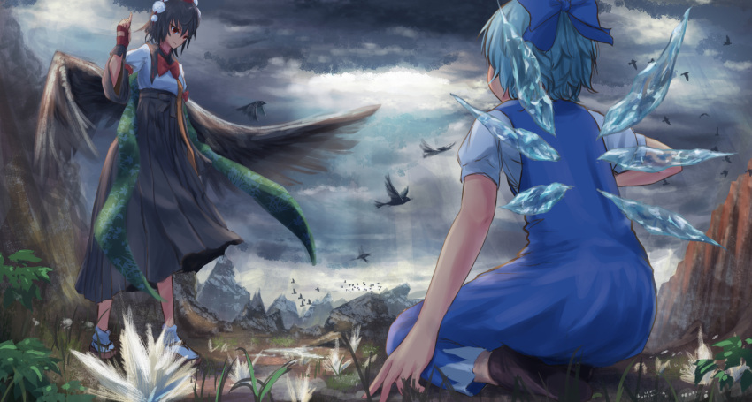 2girls bird black_hair black_skirt black_wings blue_bow blue_dress blue_hair bow cirno clouds cloudy_sky dress from_behind geta hair_bow hakama_skirt ice ice_wings index_finger_raised looking_at_another multiple_girls pom_pom_(clothes) puffy_short_sleeves puffy_sleeves red_bow red_eyes red_neckwear roke_(taikodon) seiza shameimaru_aya shoes short_hair short_sleeves sitting skirt sky socks touhou white_legwear wings