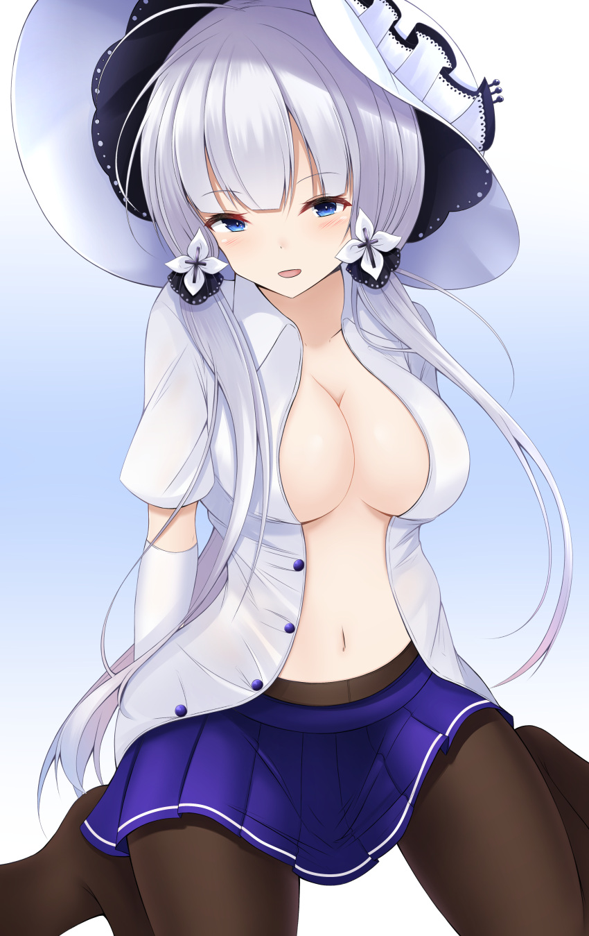 1girl :d absurdres azur_lane black_legwear blue_eyes breasts cleavage commentary_request doyachii elbow_gloves gloves gradient gradient_background hat highres illustrious_(azur_lane) long_hair looking_at_viewer navel open_mouth pantyhose pleated_skirt school_uniform simple_background sitting skirt smile solo sun_hat tri_tails wariza white_gloves white_hair