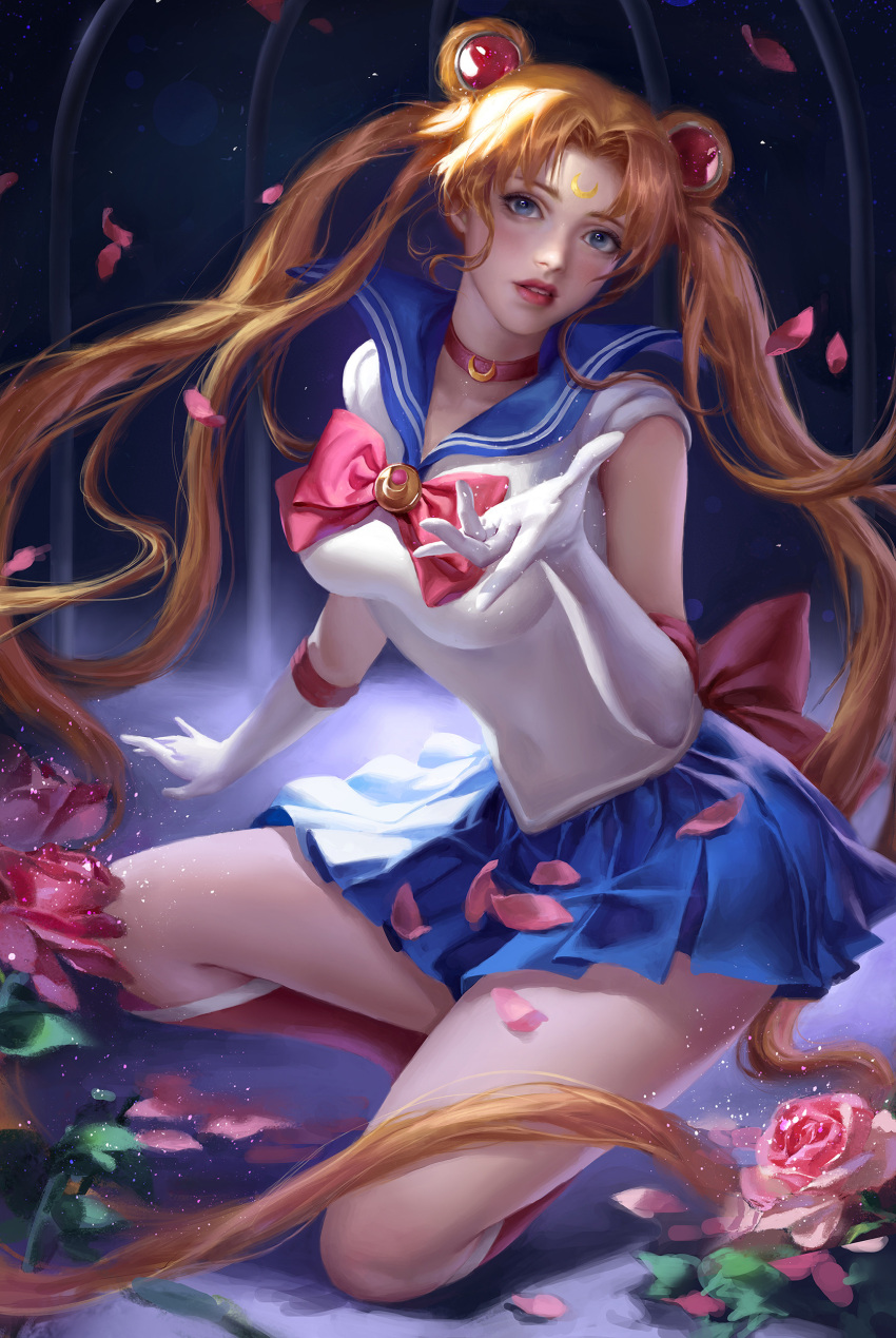 1girl absurdres bishoujo_senshi_sailor_moon blonde_hair blue_eyes blue_sailor_collar blue_skirt breasts collar crescent_moon dress elbow_gloves facial_tattoo flower gloves hair_ornament highres large_breasts long_hair looking_at_viewer md5_mismatch moon parted_lips petals ponytail reaching_out red_footwear red_ribbon ribbon rose sailor_dress sailor_moon skirt solo squatting tattoo tsukino_usagi very_long_hair white_gloves y_xun