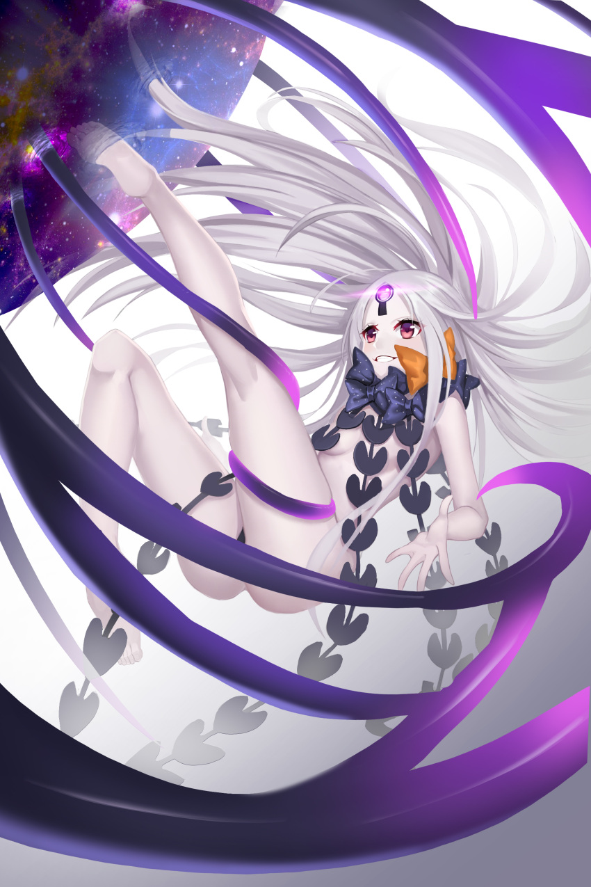1girl abigail_williams_(fate/grand_order) absurdres ass bare_arms bare_legs barefoot black_bow blush bow breasts commentary_request facial_mark fate/grand_order fate_(series) floating forehead_mark gaoyang_ou_nisang grin highres keyhole long_hair nebula orange_bow orb red_eyes revealing_clothes silver_hair sky small_breasts smile solo space star_(sky) starry_sky tentacle very_long_hair