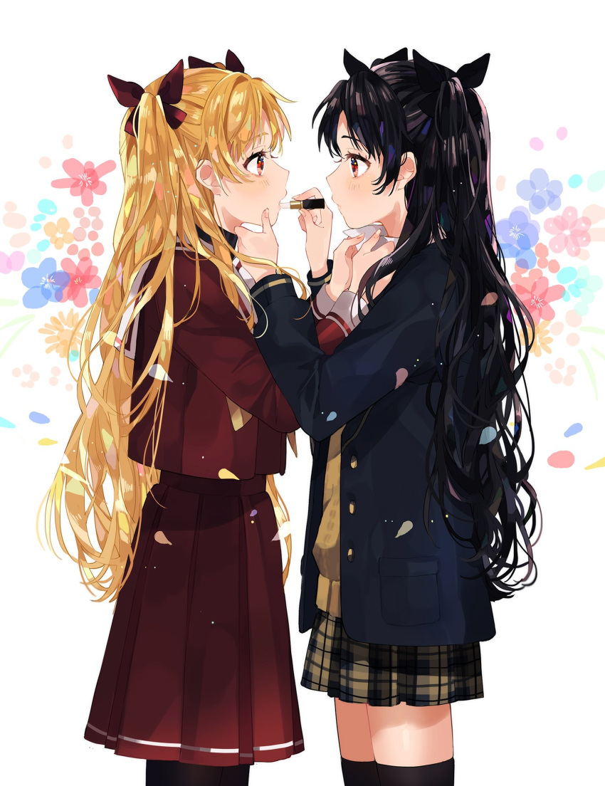 2girls adjusting_clothes black_hair black_legwear blazer blonde_hair commentary_request dual_persona ereshkigal_(fate/grand_order) fate/grand_order fate_(series) hair_ribbon highres holding i_oekaki08 ishtar_(fate/grand_order) jacket lipstick lipstick_tube long_hair looking_at_another makeup multiple_girls pantyhose plaid plaid_skirt pleated_skirt red_eyes ribbon school_uniform serafuku simple_background skirt thigh-highs tohsaka_rin two_side_up white_background zettai_ryouiki