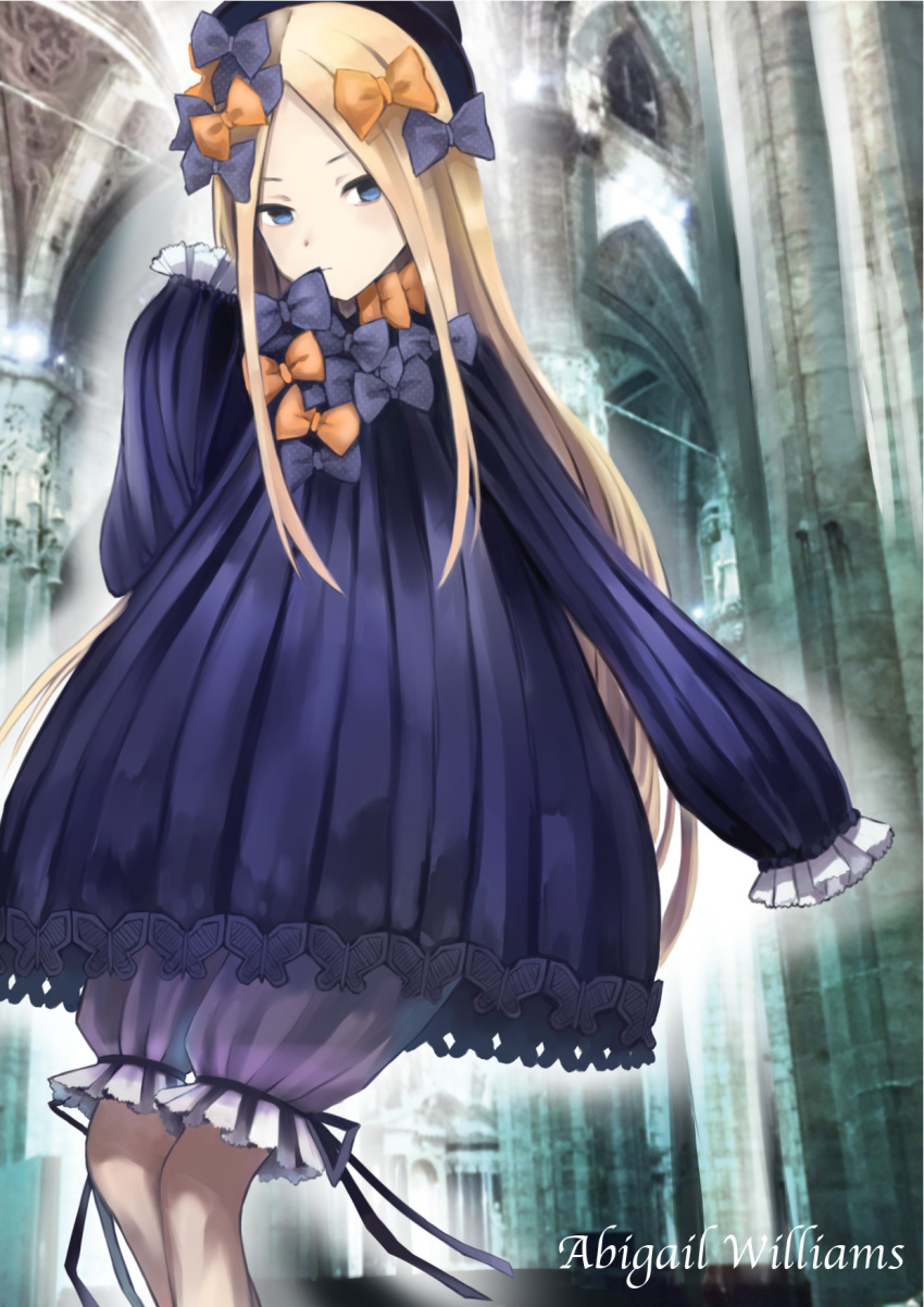 1girl abigail_williams_(fate/grand_order) bangs black_bow black_dress black_hat blonde_hair bloomers blue_eyes bow butterfly character_name closed_mouth commentary_request dress emp_(drawing0613) fate/grand_order fate_(series) hair_bow hand_up hands_in_sleeves hat highres long_hair long_sleeves looking_at_viewer orange_bow parted_bangs polka_dot polka_dot_bow solo underwear very_long_hair white_bloomers