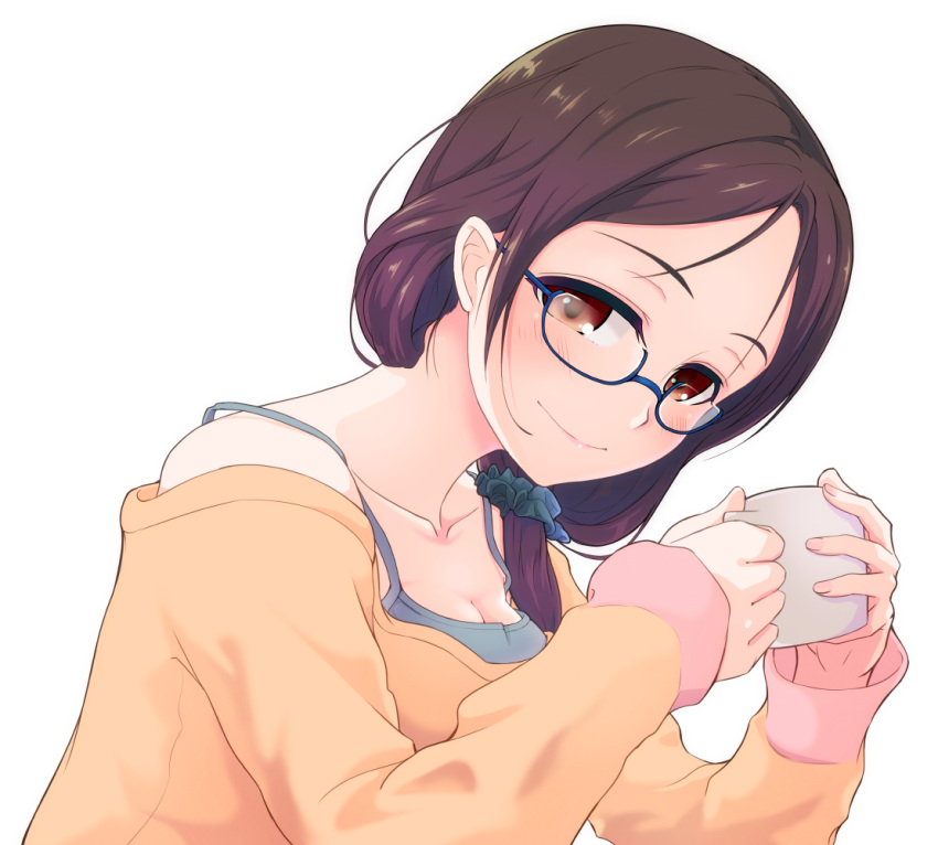1girl blue-framed_eyewear blush breasts brown_eyes brown_hair camisole cleavage closed_mouth cup fingernails hi_iro holding long_sleeves looking_at_viewer orange_sweater original pink_lips simple_background smile solo strap sweater under-rim_eyewear upper_body white_background