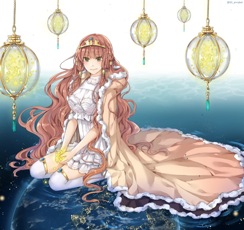 1girl annabel-m breasts brown_cape brown_hair cape cleavage closed_mouth diadem dress earth eyebrows_visible_through_hair fur_trim green_eyes holding_star large_breasts long_hair looking_at_viewer original planet seiza sitting smile solo space star star_(sky) thigh-highs twitter_username very_long_hair white_dress white_legwear