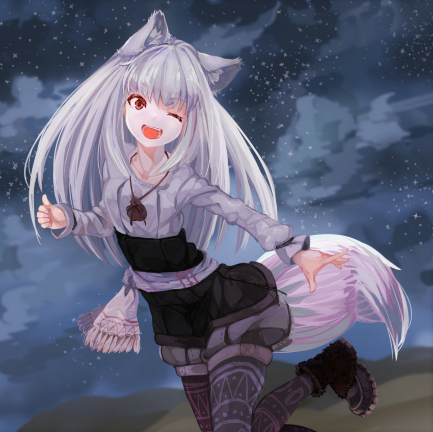 1girl animal_ears black_legwear black_shirt highres leg_up long_hair myuri_(spice_and_wolf) night night_sky one_eye_closed open_mouth outdoors outstretched_arm pantyhose pantyhose_under_shorts pouch print_legwear red_eyes sash shinsetsu_spice_and_wolf shirt shoes shorts silver_hair sky smile solo spice_and_wolf standing standing_on_one_leg star_(sky) tail teikiatsu white_shirt wolf_ears wolf_tail