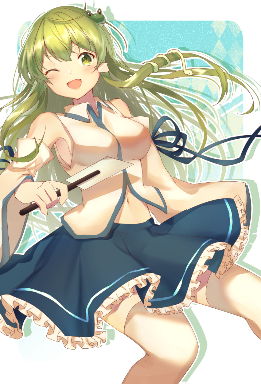 1girl absurdres armpits blue_skirt commentary_request cowboy_shot detached_sleeves frilled_skirt frills frog_hair_ornament gohei green_eyes green_hair hair_ornament highres kochiya_sanae long_hair looking_at_viewer neno_(nenorium) one_eye_closed open_mouth skirt snake_hair_ornament solo thigh-highs touhou white_legwear