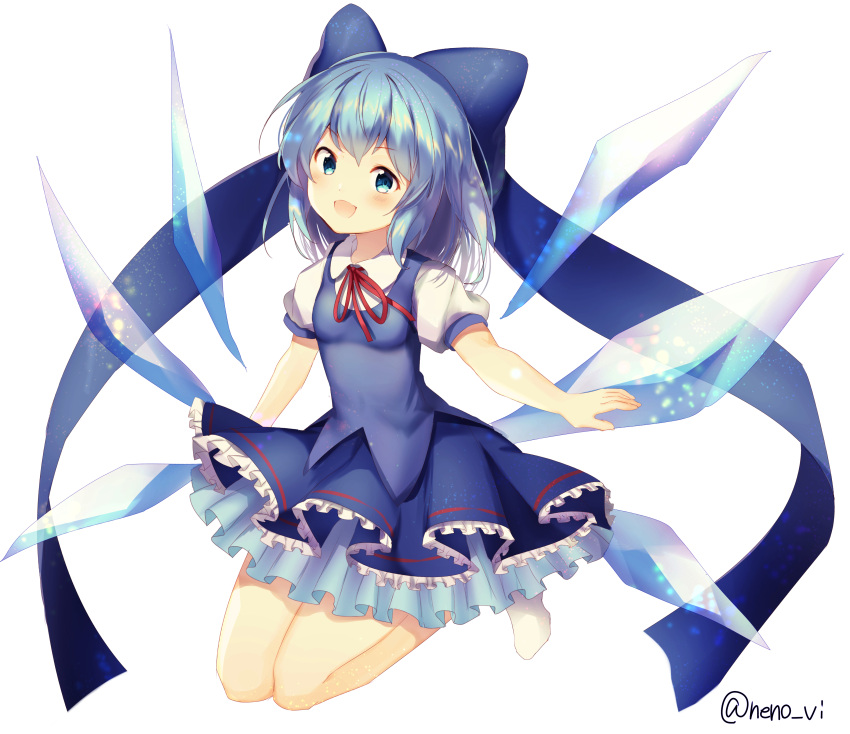 1girl absurdres blue_bow blue_eyes blue_hair bow cirno hair_bow highres ice ice_wings kneeling looking_at_viewer neno_(nenorium) open_mouth puffy_short_sleeves puffy_sleeves red_ribbon ribbon short_sleeves simple_background solo touhou twitter_username white_background wing_collar wings