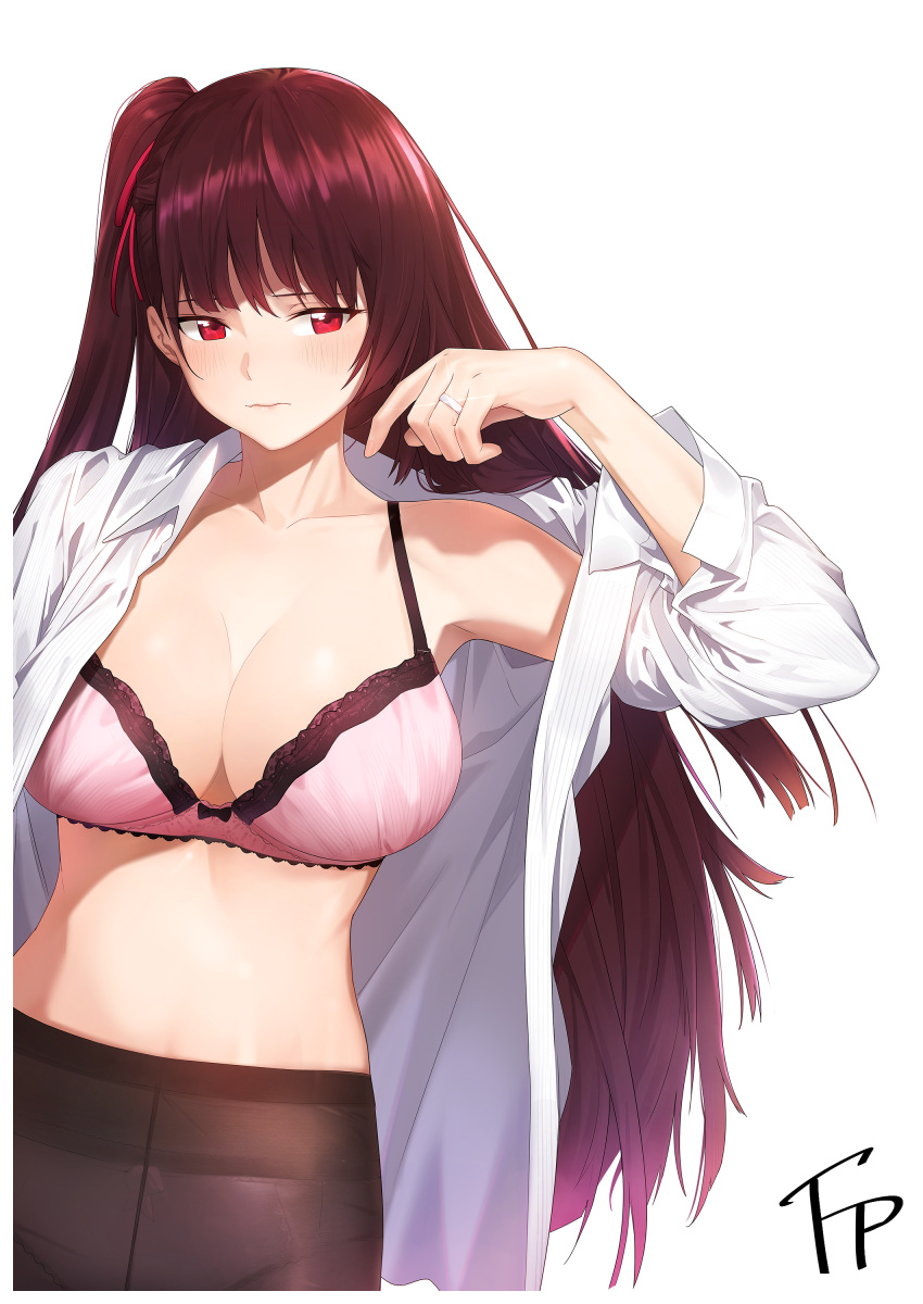 1girl absurdres arm_up black_legwear blush bra breasts cleavage closed_mouth collared_shirt commentary crotch_seam dress_shirt fpanda girls_frontline glint hair_ribbon hand_up highres jewelry large_breasts lips long_hair long_sleeves off_shoulder one_side_up open_clothes open_cuffs open_shirt panties panties_under_pantyhose pantyhose pink_bra pink_panties purple_hair red_eyes redhead ribbon ring shirt signature simple_background single_bare_shoulder solo tsurime underwear upper_body very_long_hair wa2000_(girls_frontline) wavy_mouth wedding_band white_background white_shirt wing_collar