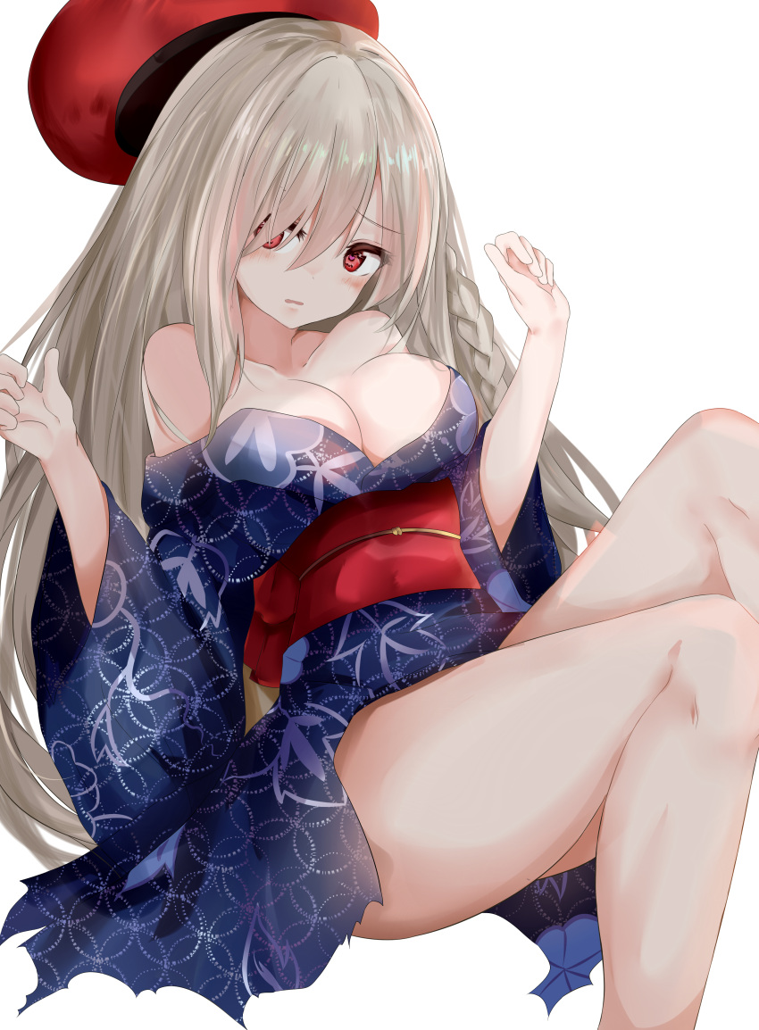 1girl absurdres barefoot beret braid breasts closed_mouth collarbone damaged eyebrows_visible_through_hair g36c_(girls_frontline) girls_frontline grey_hair hair_over_one_eye hat head_tilt highres japanese_clothes kimono large_breasts long_hair looking_at_viewer obi off_shoulder red_eyes redhead ru_zhai sash simple_background single_braid solo torn_clothes torn_kimono very_long_hair white_background