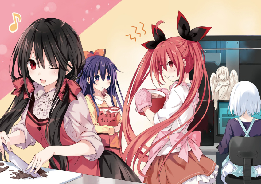 4girls :d angry apron black_hair blush chocolate clenched_teeth cookie cooking cutting date_a_live detexted eating food hair_ribbon highres holding holding_food holding_knife itsuka_kotori knife long_hair looking_at_another looking_back multiple_girls musical_note official_art one_eye_closed open_mouth playing_games purple_hair red_eyes redhead ribbon short_hair silver_hair smile spoken_musical_note teeth tobiichi_origami tokisaki_kurumi tsunako twintails very_long_hair violet_eyes yatogami_tooka