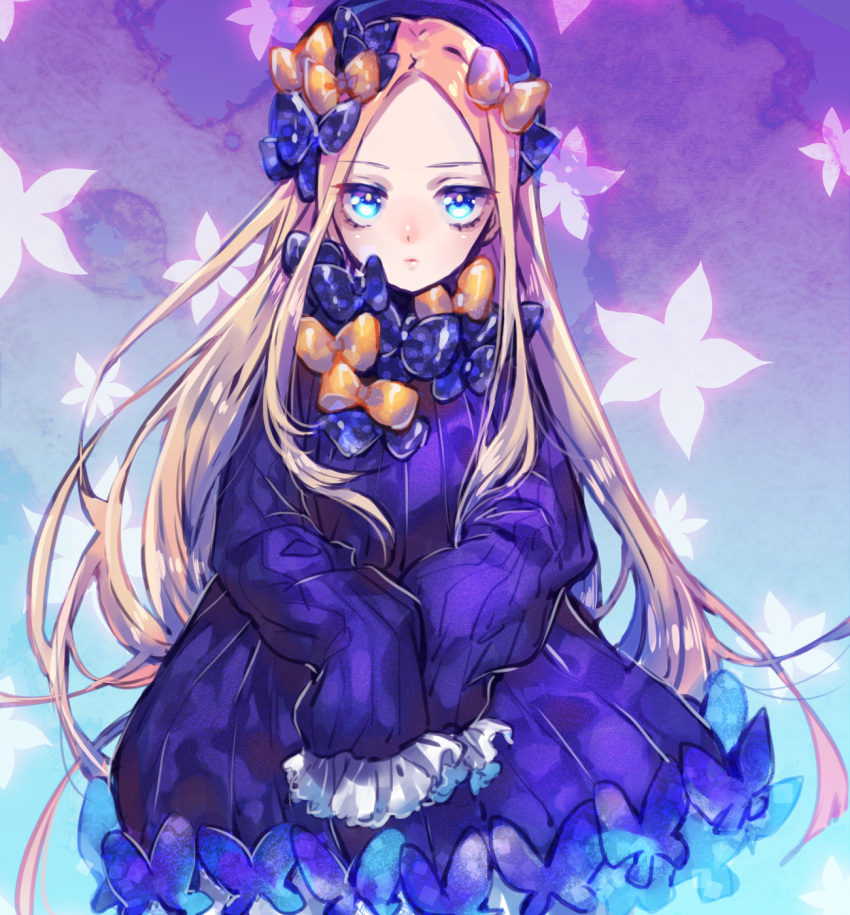 1girl abigail_williams_(fate/grand_order) bangs black_bow black_dress black_hat blonde_hair blue_eyes bow butterfly closed_mouth commentary_request dress eyebrows_visible_through_hair fate/grand_order fate_(series) forehead hair_bow hands_in_sleeves hat hibarisann highres long_hair long_sleeves looking_at_viewer orange_bow own_hands_together parted_bangs polka_dot polka_dot_bow solo very_long_hair