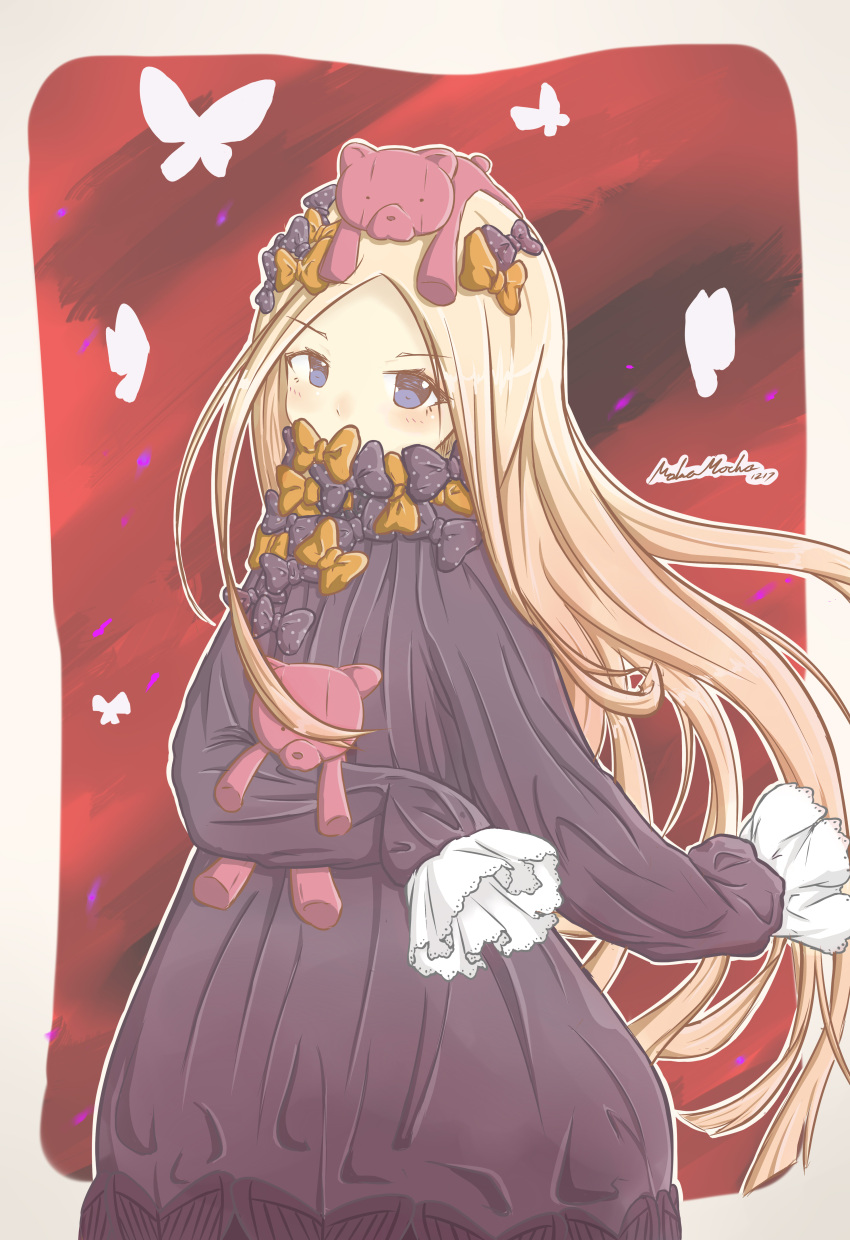 1girl abigail_williams_(fate/grand_order) absurdres bangs black_bow black_dress blonde_hair blue_eyes blush bow butterfly commentary covered_mouth dress eyebrows_visible_through_hair fate/grand_order fate_(series) hair_bow hands_in_sleeves highres long_hair long_sleeves looking_at_viewer mokamocha object_hug on_head orange_bow parted_bangs polka_dot polka_dot_bow solo stuffed_animal stuffed_toy teddy_bear very_long_hair