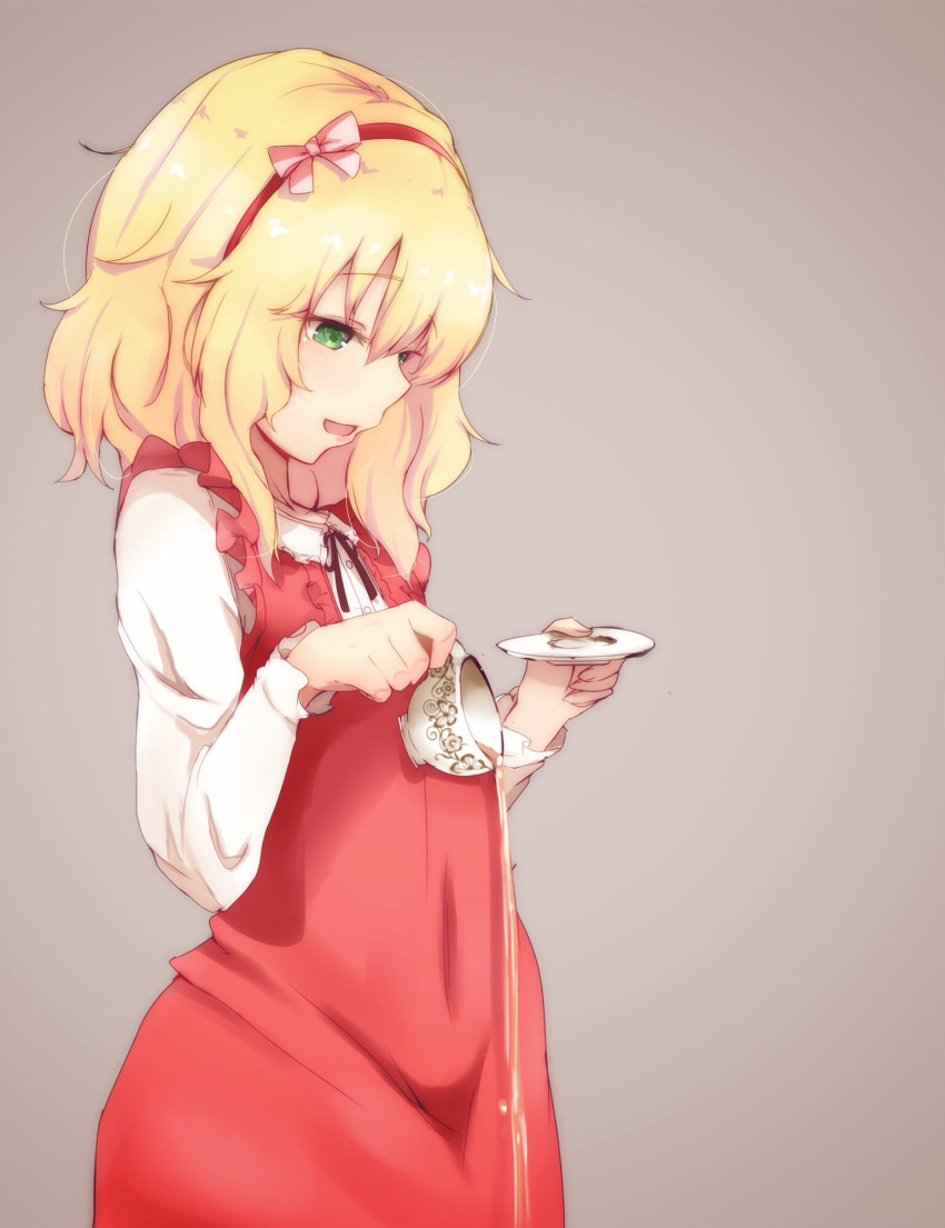 1girl bangs blonde_hair bow commentary_request cup dress dress_shirt green_eyes grey_background hairband highres hips idolmaster idolmaster_cinderella_girls open_mouth pouring red_dress red_hairband ryuu. sakurai_momoka saucer shirt short_hair simple_background smile solo tea teacup wavy_hair