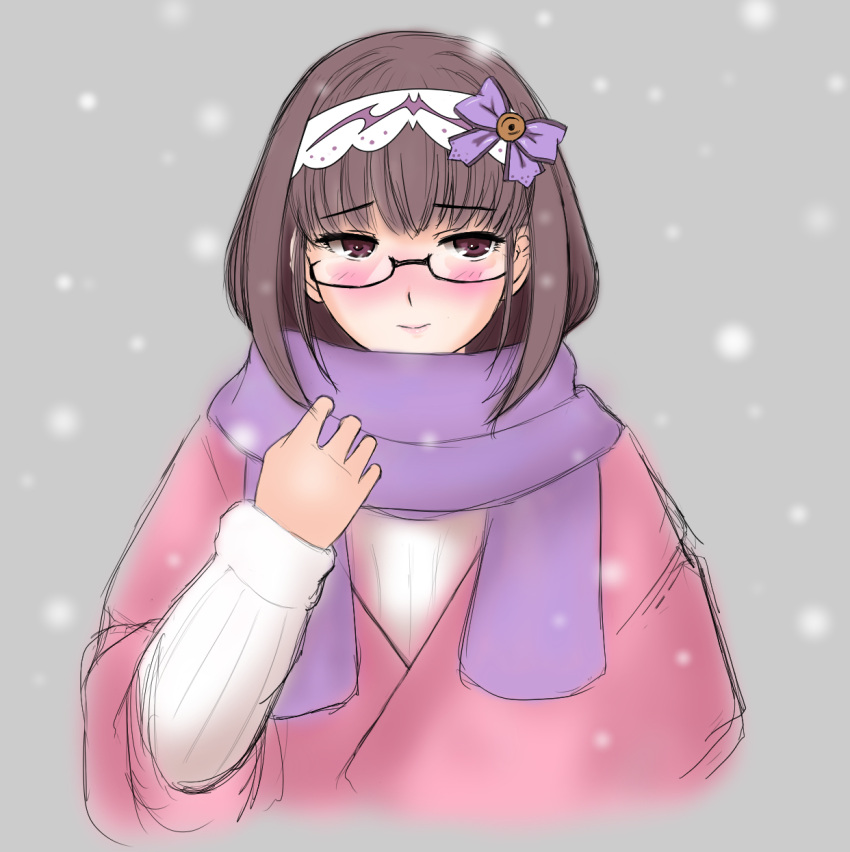 1girl arm_warmers black_hair blush commentary_request fate/grand_order fate_(series) glasses hair_ribbon hairband highres long_hair looking_at_viewer morinokomichi osakabe-hime_(fate/grand_order) ribbon scarf snow solo violet_eyes