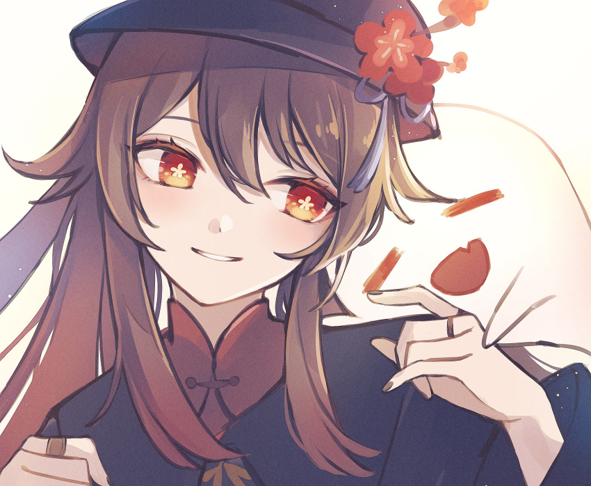 1girl 7aka_ne11 black_nails blush brown_hair chinese_clothes collared_shirt colored_tips flower flower-shaped_pupils genshin_impact ghost hat hat_flower highres hu_tao_(genshin_impact) jewelry long_hair multiple_rings plum_blossoms porkpie_hat red_eyes red_shirt ring shirt smile solo symbol-shaped_pupils twintails