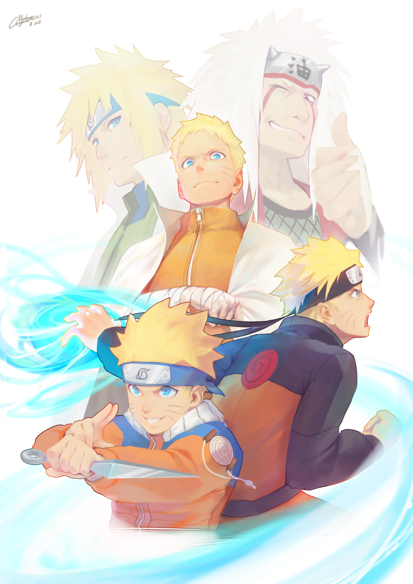 3boys absurdres bandage bandaged_arm blonde_hair blue_eyes closed_mouth commentary_request facial_mark gorgeous_mushroom grin hand_up headband highres holding holding_weapon jacket jiraiya kunai long_hair long_sleeves looking_at_viewer male_focus multiple_boys namikaze_minato naruto one_eye_closed open_mouth orange_jacket rasengan reverse_grip signature silver_hair simple_background smile thumbs_up uzumaki_naruto weapon whisker_markings white_background