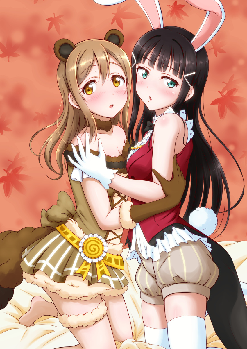 2girls :o animal_ears aqua_eyes autumn_leaves bangs barefoot bed_sheet black_hair black_neckwear bloomers blunt_bangs blush bow bowtie brown_gloves brown_hair bunny_tail center_frills ckst coattails cover cover_page doujin_cover elbow_gloves eyebrows_visible_through_hair frills fur-trimmed_choker fur-trimmed_gloves fur_trim gloves hair_ornament hairclip hand_on_another's_shoulder highres hug kneeling kunikida_hanamaru kurosawa_dia looking_away love_live! love_live!_sunshine!! miniskirt mole mole_under_mouth multiple_girls off-shoulder_shirt open_mouth rabbit_ears raccoon_ears raccoon_tail shirt shorts skirt sleeveless striped tail textless thigh-highs thigh_strap underwear vertical-striped_shorts vertical_stripes white_gloves white_legwear yellow_eyes