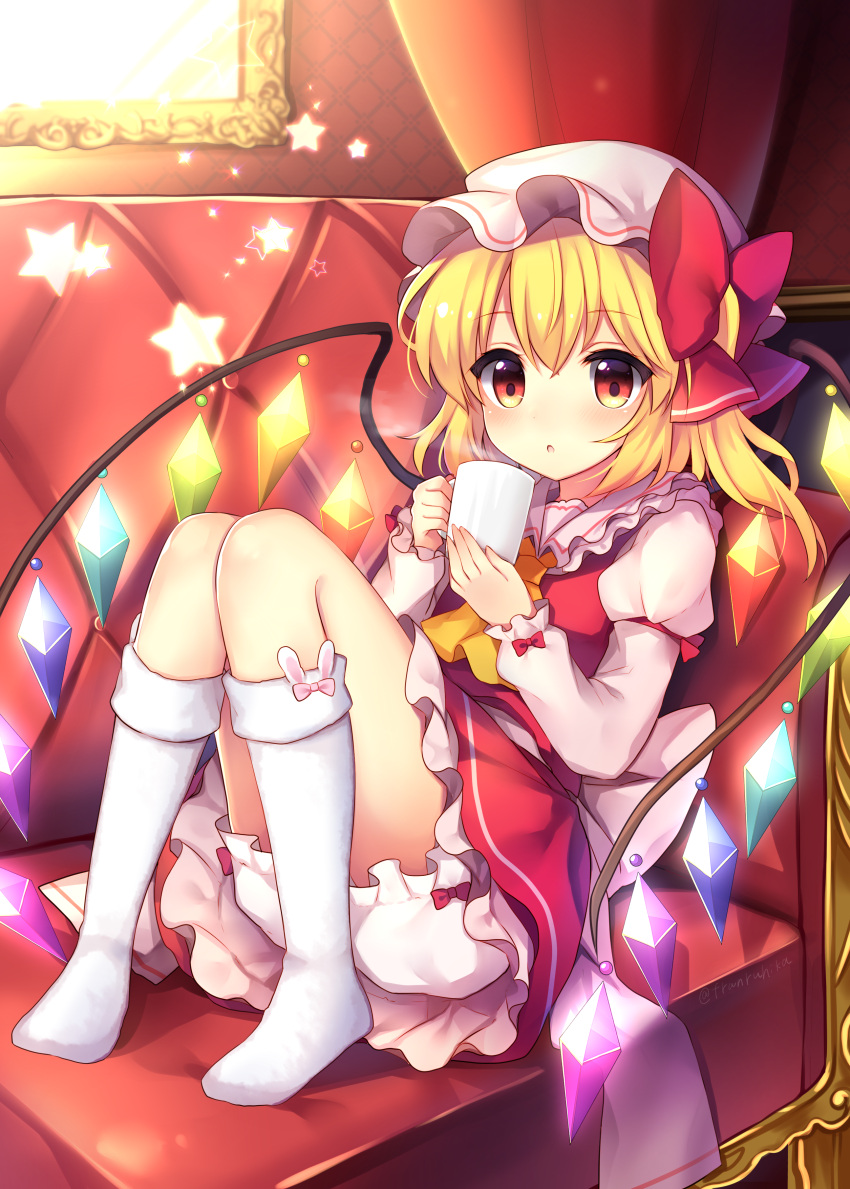1girl absurdres ascot blonde_hair bloomers blush bow coffee_cup couch crystal cup dress eyebrows_visible_through_hair flandre_scarlet frilled_dress frilled_shirt_collar frilled_sleeves frills full_body hair_bow hat highres holding holding_cup indoors juliet_sleeves kneehighs knees_up long_sleeves mob_cap on_couch picture_frame puffy_sleeves red_bow red_dress red_eyes red_skirt ruhika sash shiny shiny_hair short_hair skirt solo star steam tareme touhou twitter_username underwear upskirt white_bow white_hat white_legwear wings yellow_neckwear